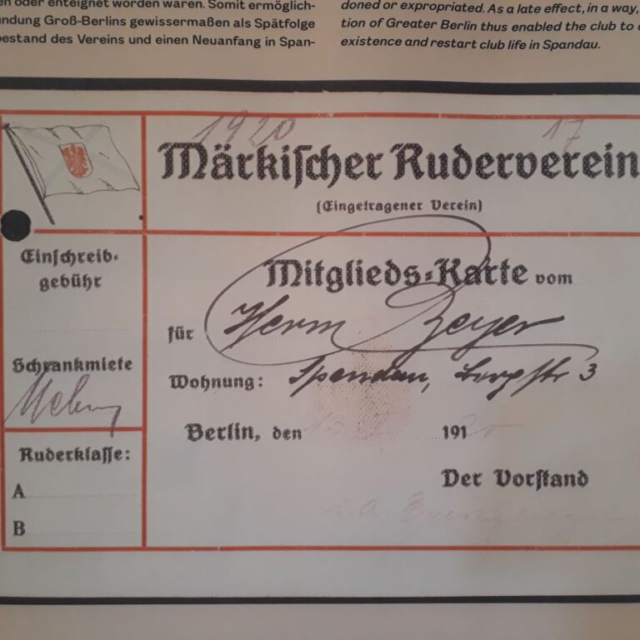 Eine Mitgliedskarte des Märkischen Rudervereins aus dem Jahr 1920